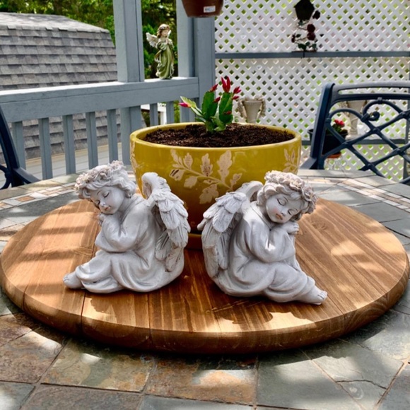 NEW Happy Compost Garden Angel Cherub Statue Figurines Solar Light Halo Set of 2 - Picture 9 of 9